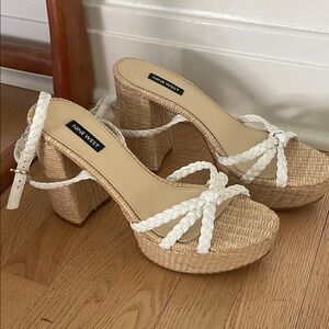 Nine West Braided White and Rattan Ankle Strap Platform Heels